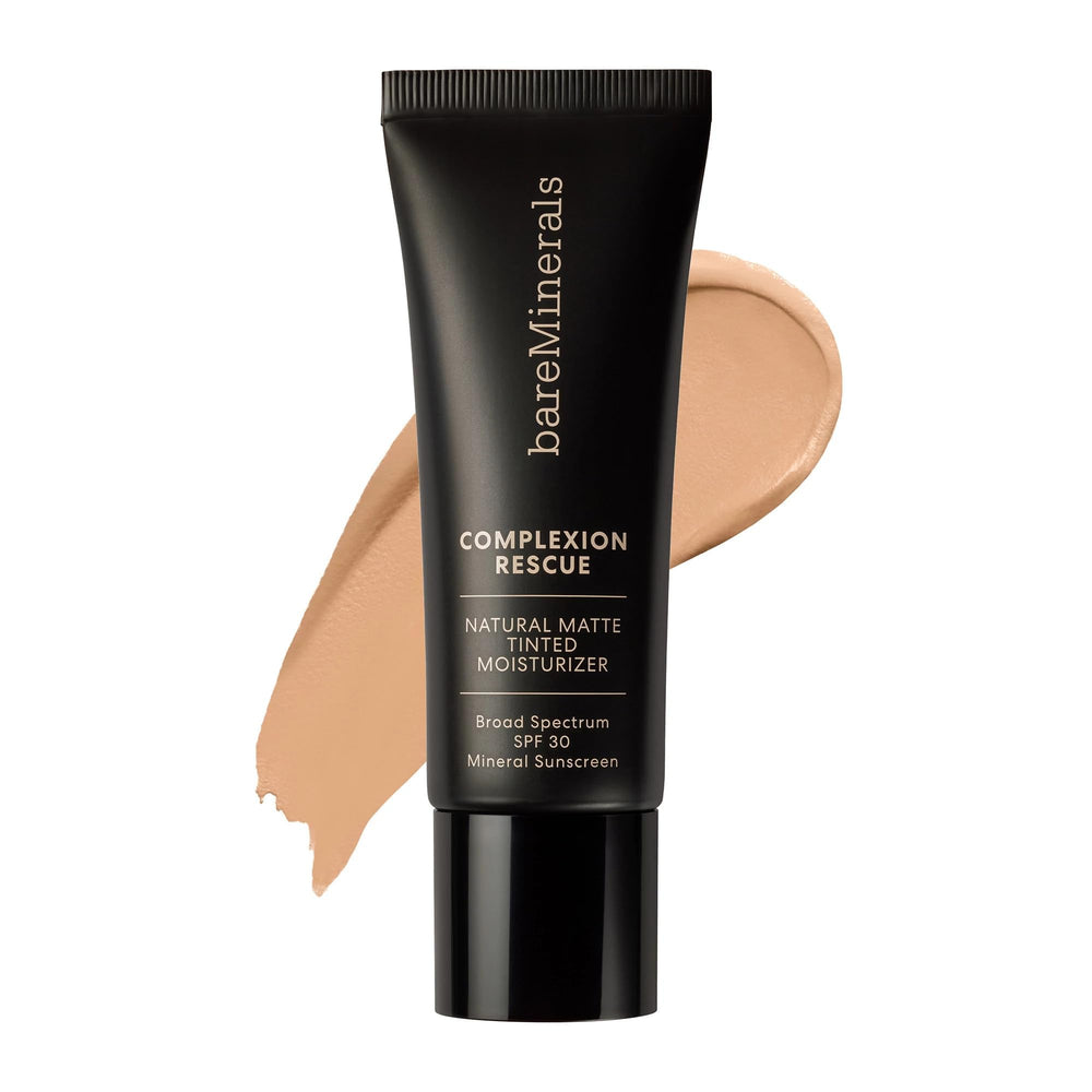 bareMinerals Complexion Rescue Suede 04 bottle shows natural matte finish and oil-control benefits.