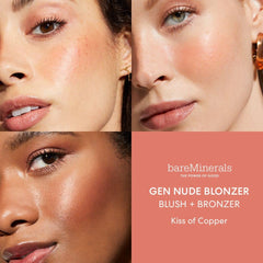 bareMinerals Gen Nude Blonzer Kiss of Copper buildable-color swatch shows universally flattering rosy-bronze glow.