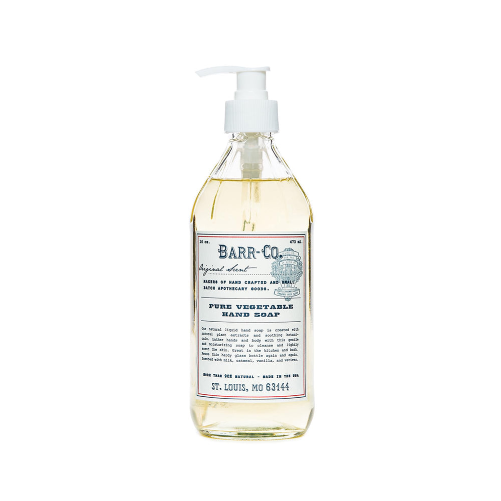BARR-CO hand soap bottle label highlights natural ingredients and craftsmanship for daily cleansing.