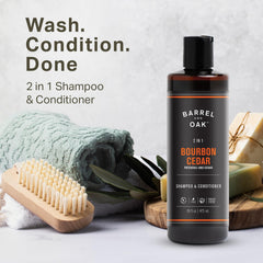 Barrel & Oak 2-in-1 shampoo-conditioner foamy lather illustrates simplified grooming.