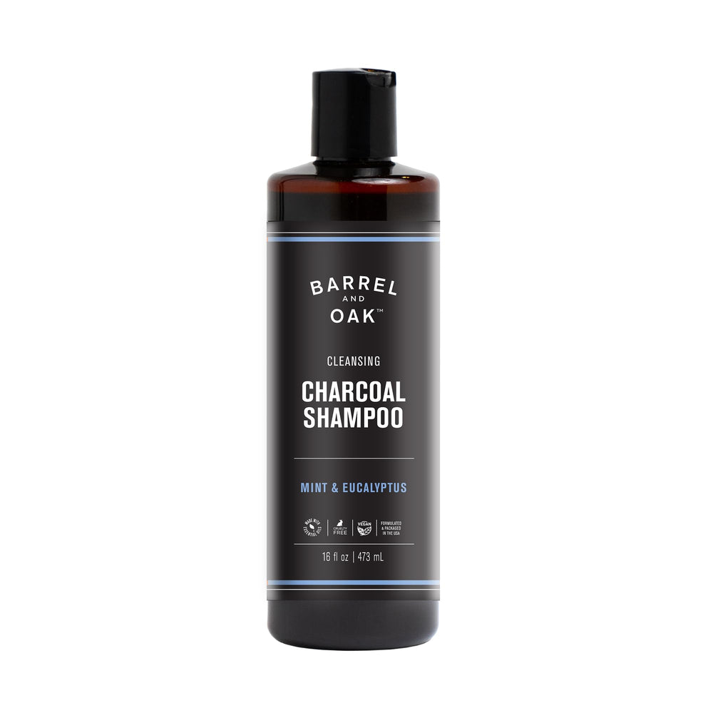 Barrel & Oak mint eucalyptus charcoal shampoo bottle offers a refreshing cleanser for daily grooming.