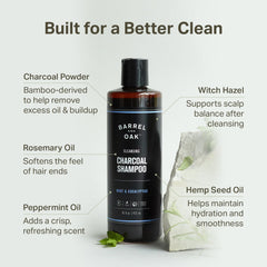 Barrel & Oak mint eucalyptus charcoal shampoo closeup bottle shows bold vegan formula ready for use.