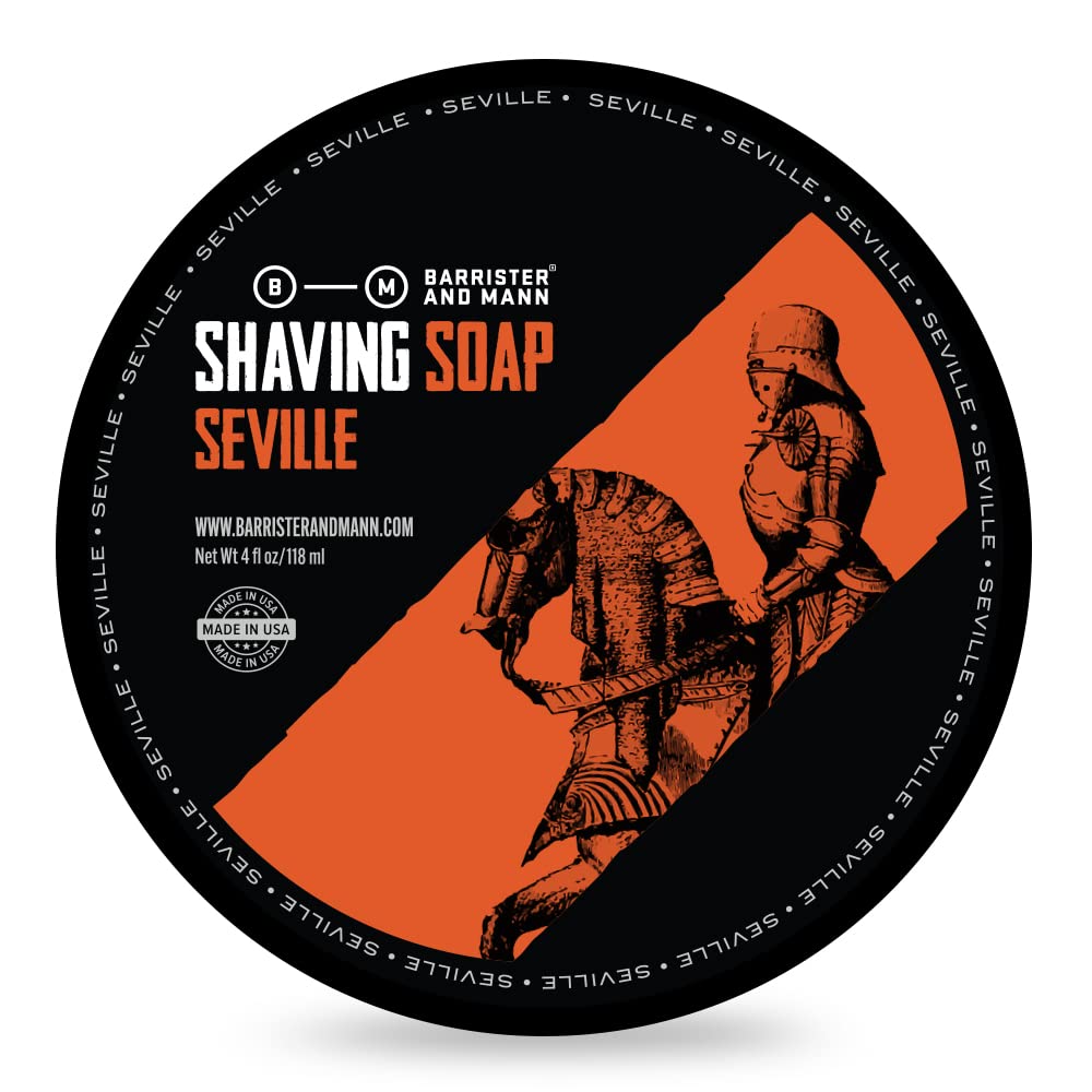 Barrister and Mann Seville shaving soap puck, rich lather for a smooth shave