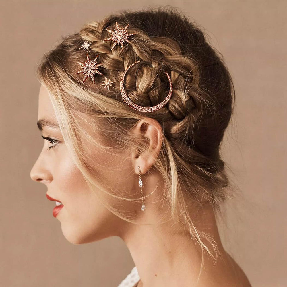 BARTOSI Moon Star hair clip in rose gold sparkles for wedding hairstyles.