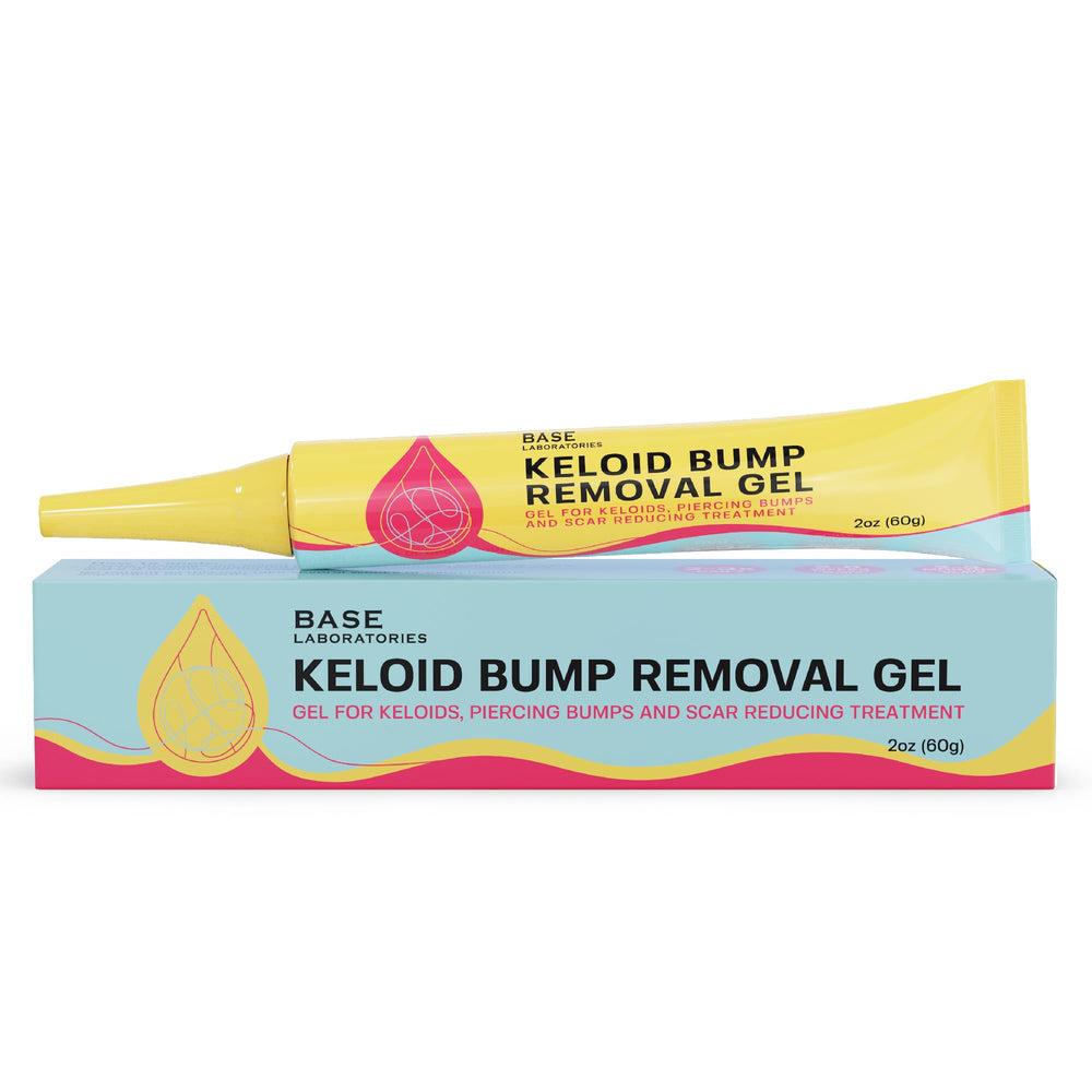 BASE LABORATORIES Keloid Bump Removal Gel jar demonstrates soothing formula for piercing bumps and scars.