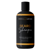 BASK & LATHER beard shampoo bottle front, sulfate-free formula for clean, refreshed beards.