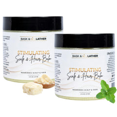 Bask and Lather stimulating scalp balm jar with peppermint-rosemary blend for scalp relief