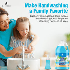 Bastion Blue Breeze foaming dispenser in action delivering quick, mess-free lather
