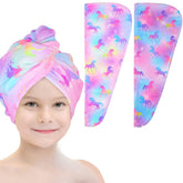 Basumee microfiber hair towel wrap with unicorn pattern for quick drying after baths.