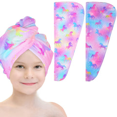 Basumee microfiber hair towel wrap with unicorn pattern for quick drying after baths.
