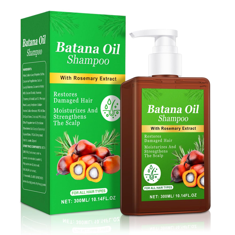 Batana Oil Shampoo bottle with rosemary hints for growth and vitality.