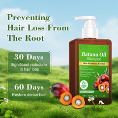 Batana Oil Shampoo shows oil droplets signaling deep nourishment for scalp.