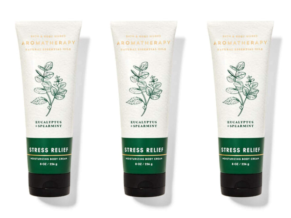 Bath & Body Works Aromatherapy Stress Relief body cream tube, eucalyptus spearmint, supports relaxed mind and moisturized skin.