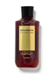 Bath & Body Works Bourbon 2-in-1 Hair + Body Wash bottle with foamy lather