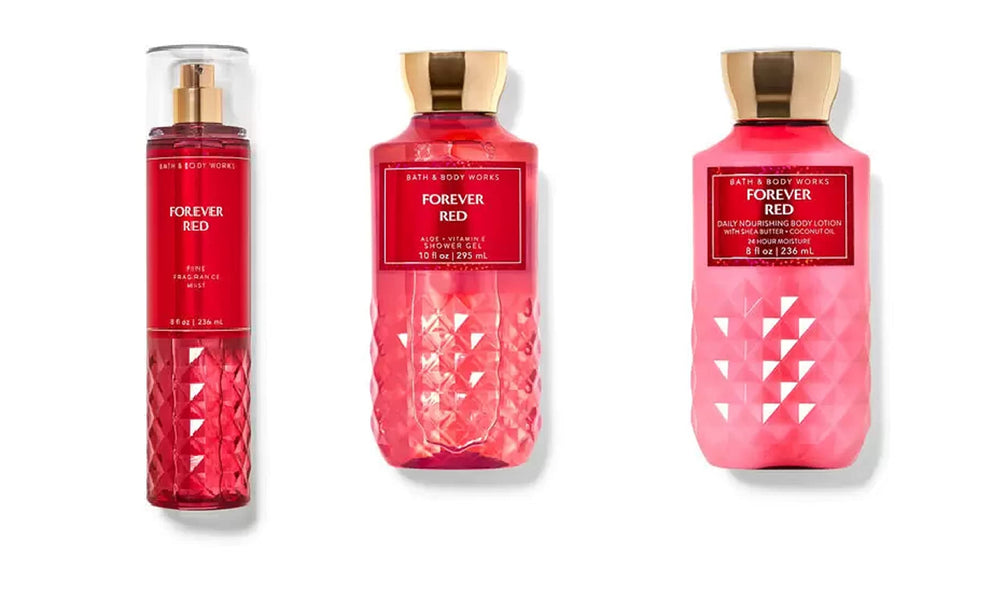 Bath & Body Works Forever Red Shower Gel bottle highlights fiery pomegranate notes for daily cleansing.
