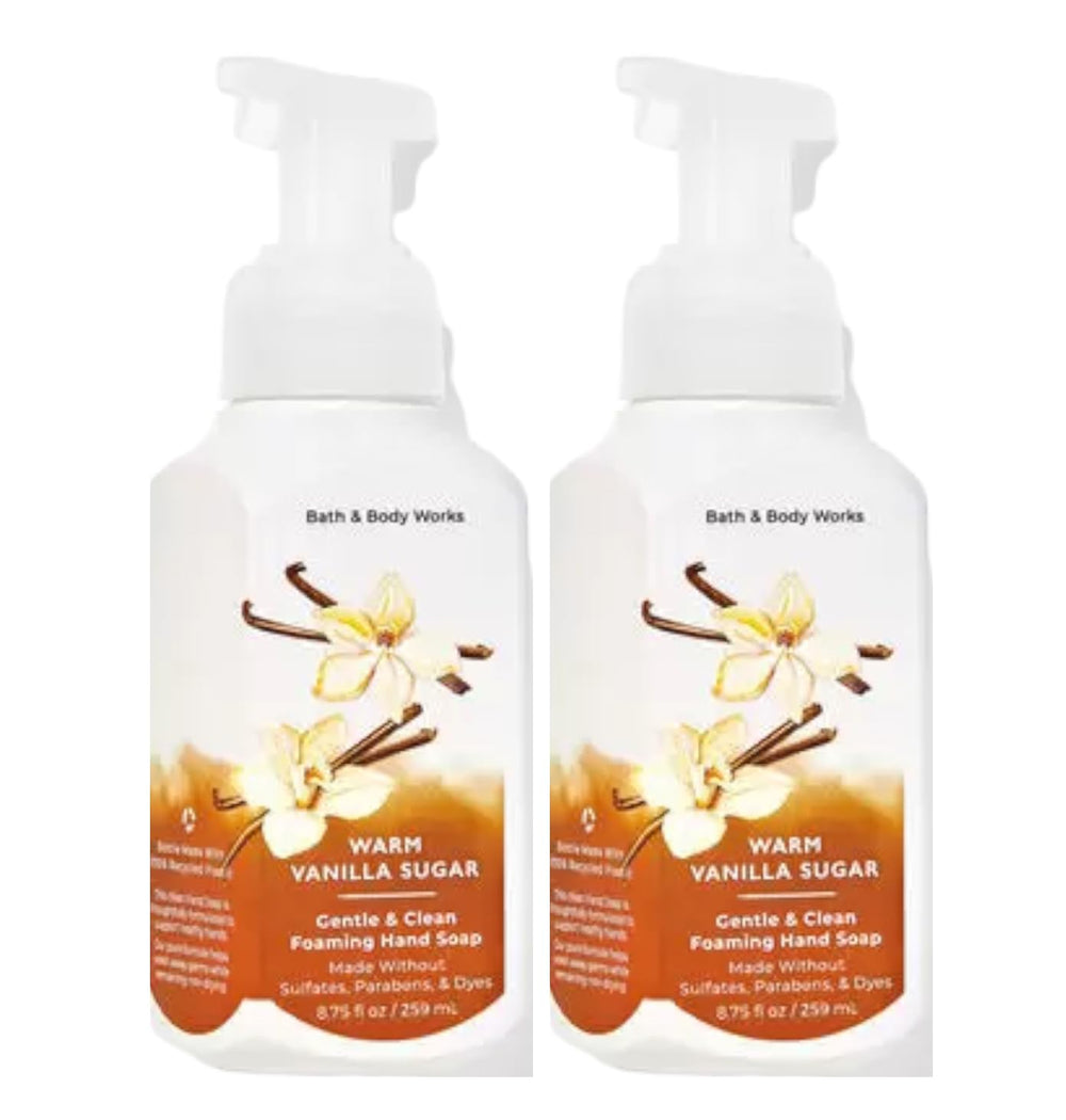Bath and Body Works Gentle Foaming Hand Soap Warm Vanilla Sugar 2-pack pump bottle, ideal for daily cleansing.