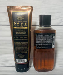 Bath & Body Works Mahogany Teakwood packaging varies bottle-art display conveys masculine fragrance.