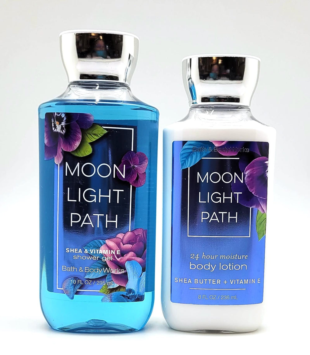 Bath & Body Works Moonlight Path body wash bottle pouring for a relaxing shower.