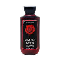 Bath & Body Works Vampire Blood shower gel bottle pouring for hydrating cleanse and luxurious lather.