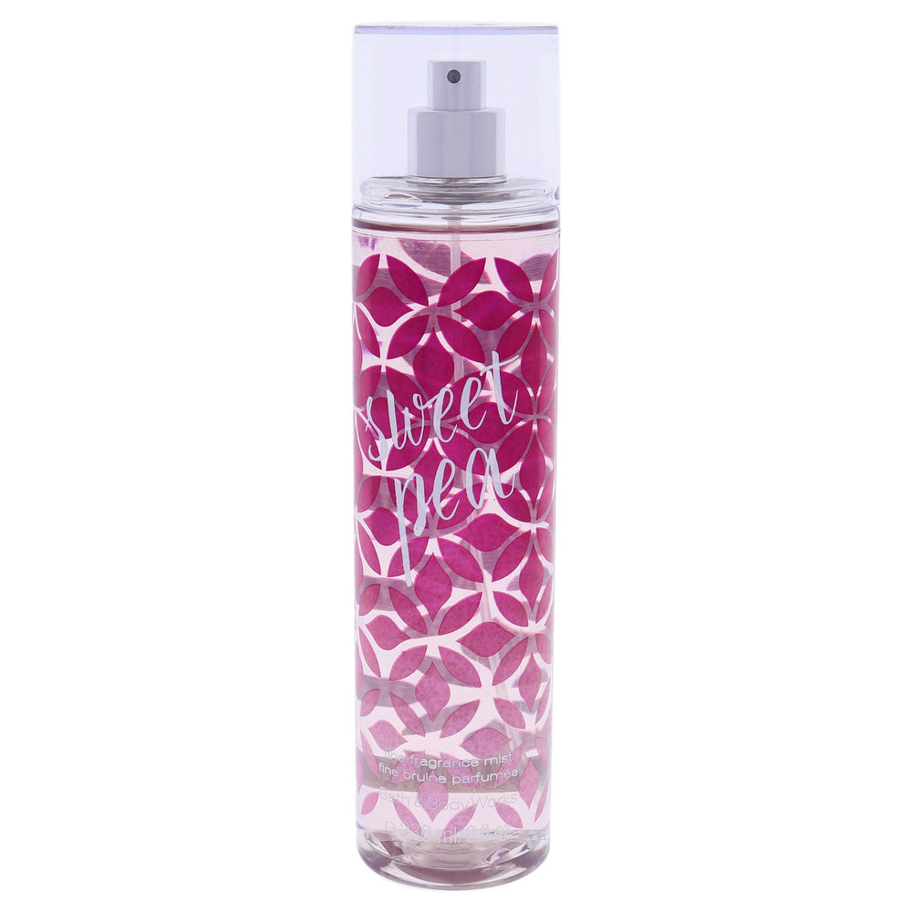 Bath & Body Works Sweet Pea Fine Fragrance Mist packaging highlighting portable design for on-the-go freshness.