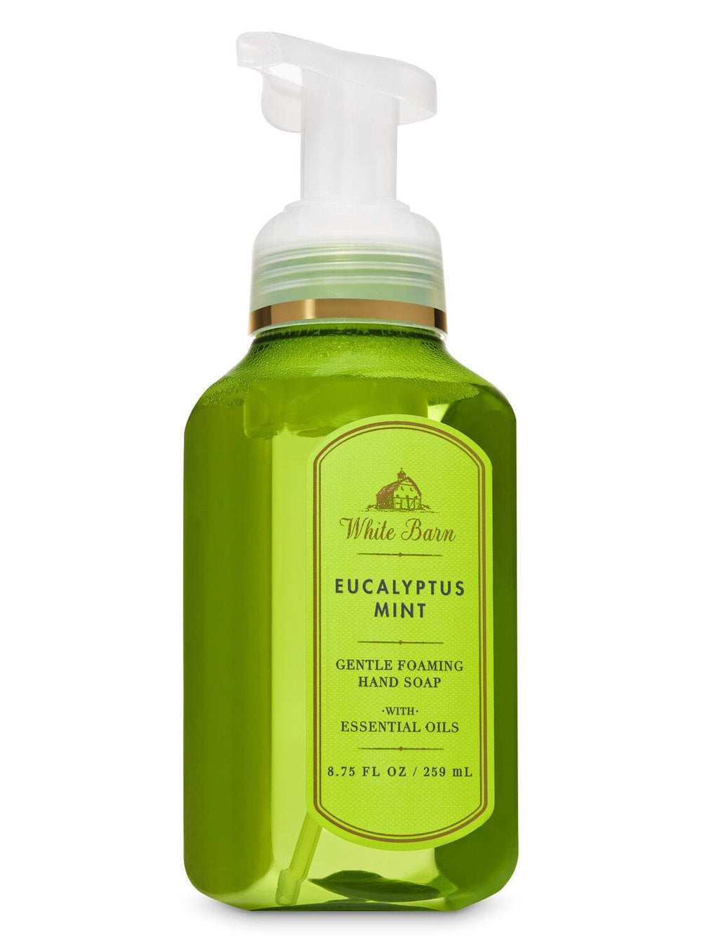 Bath and Body Works White Barn Eucalyptus Mint bottle with mint print for refreshing hand washing.