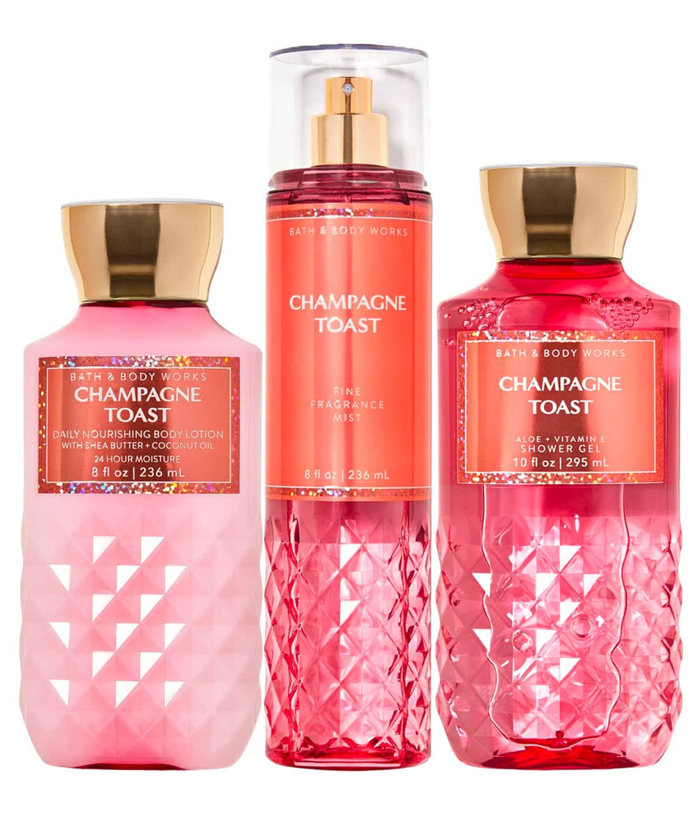 Bath & Body Works Champagne Toast daily trio packaging showcases a festive gift-ready set.