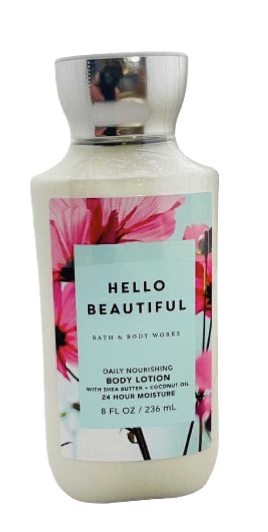 Bath & Body Works Hello Beautiful Lotion 8oz label highlights the soft, nourished skin benefit.