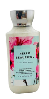 Bath & Body Works Hello Beautiful Lotion 8oz label highlights the soft, nourished skin benefit.