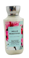 Bath & Body Works Hello Beautiful Lotion 8oz label highlights the soft, nourished skin benefit.