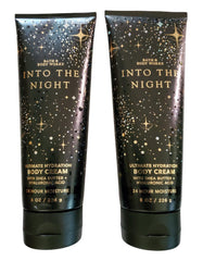 Bath & Body Works Into the Night hydration cream bottle front for smooth skin after shower.