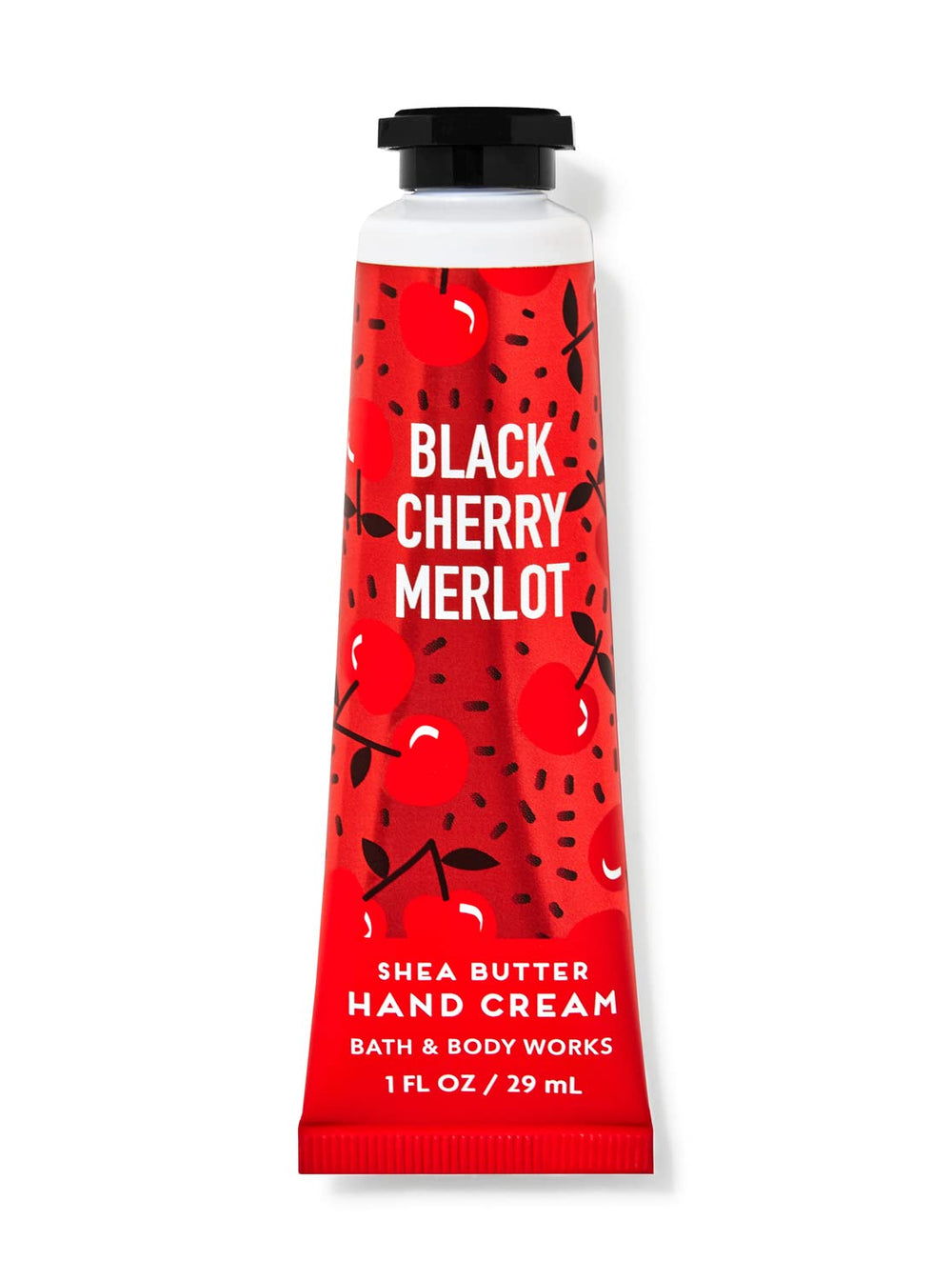 Bath and Body Works Shea Butter Hand Cream Black Cherry Merlot tube provides deep hydration for dry hands.