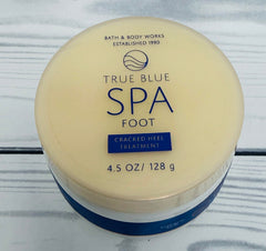 Bath & Body Works True Blue Spa cracked heel treatment application on foot, soothing dry heels.