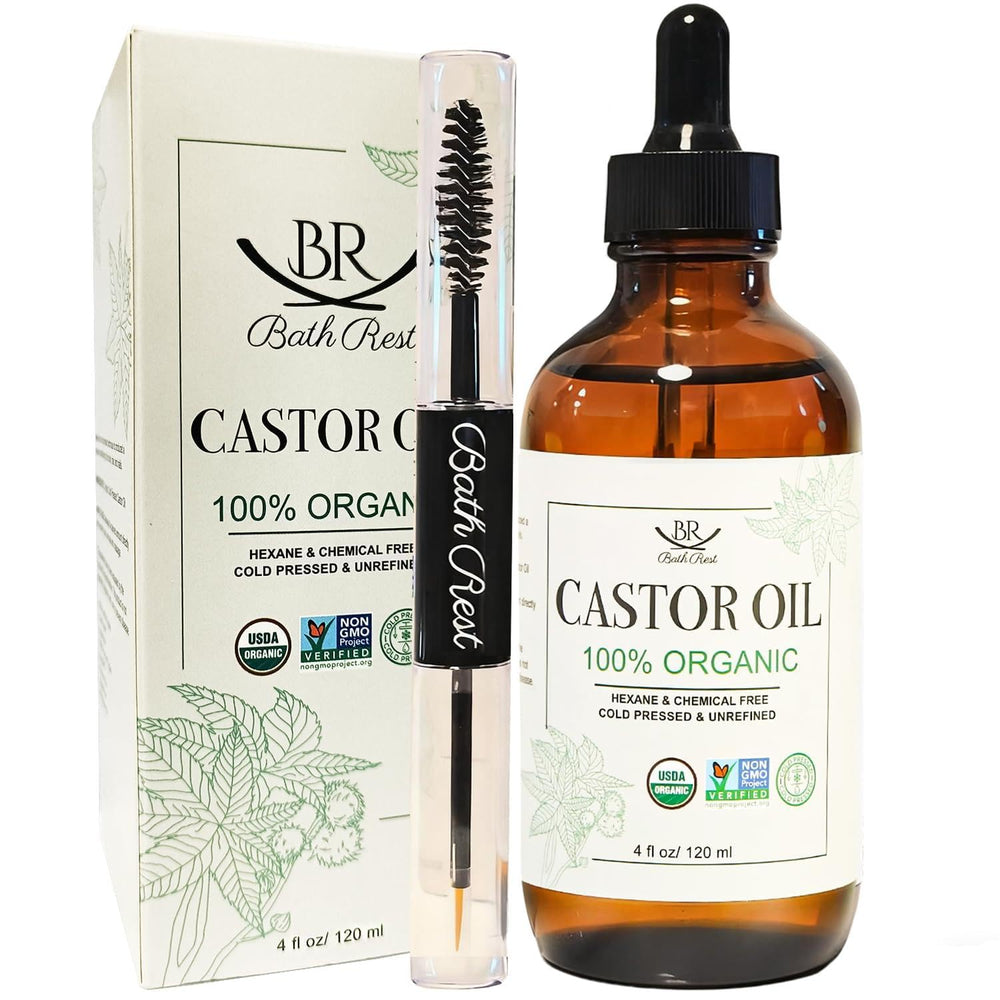 Bathrest castor oil bottle in amber glass for hair growth and lash conditioning.