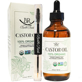 Bathrest castor oil bottle in amber glass for hair growth and lash conditioning.