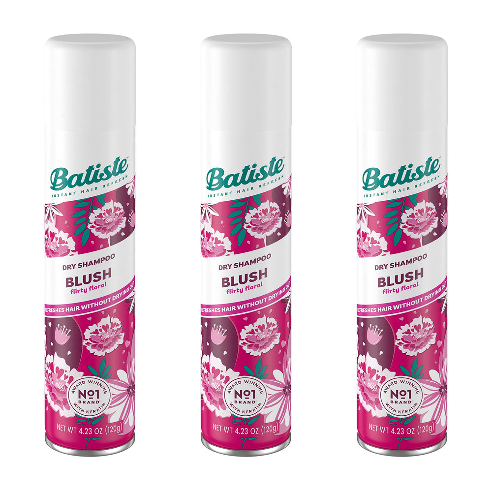 Batiste Blush dry shampoo spray bottle delivers quick root refresh between washes.