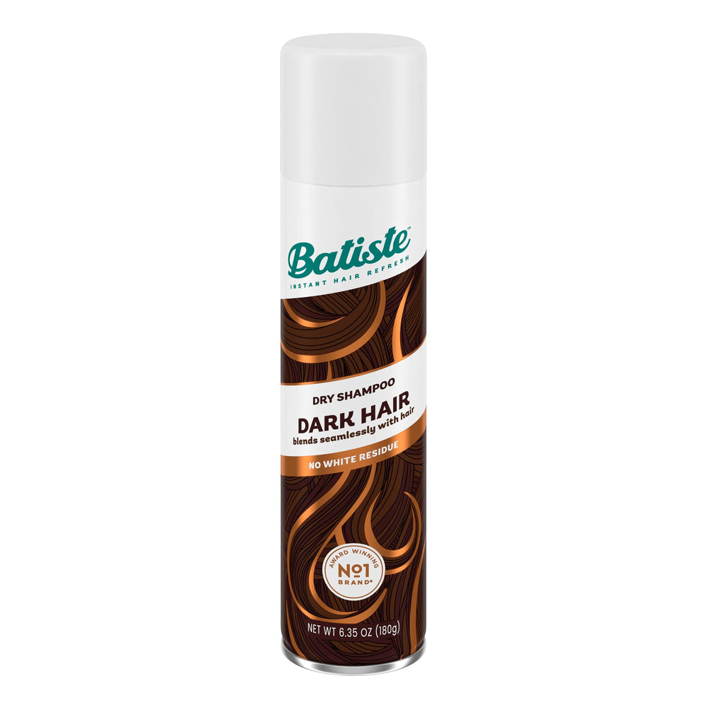Batiste Dark Dry Shampoo bottle shows 6.35 oz size for quick refresh.