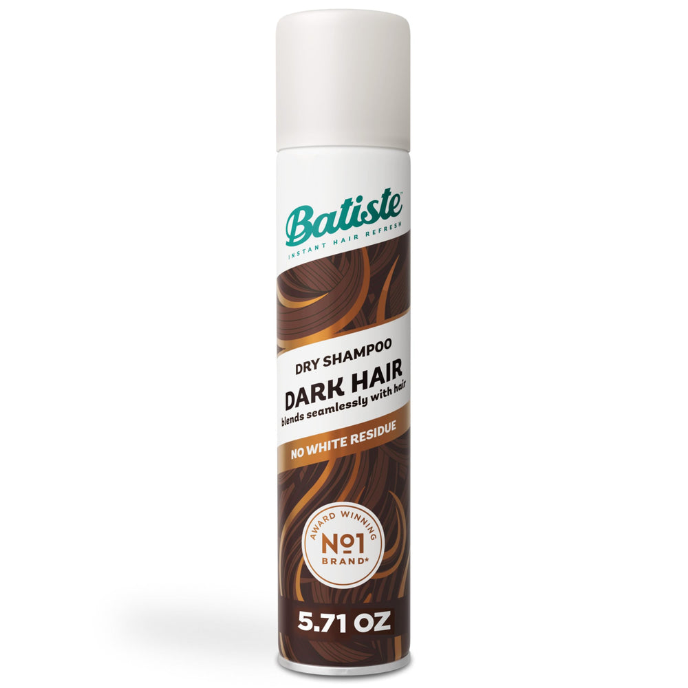 Batiste Dark Dry Shampoo bottle refreshes oil-prone roots without water.