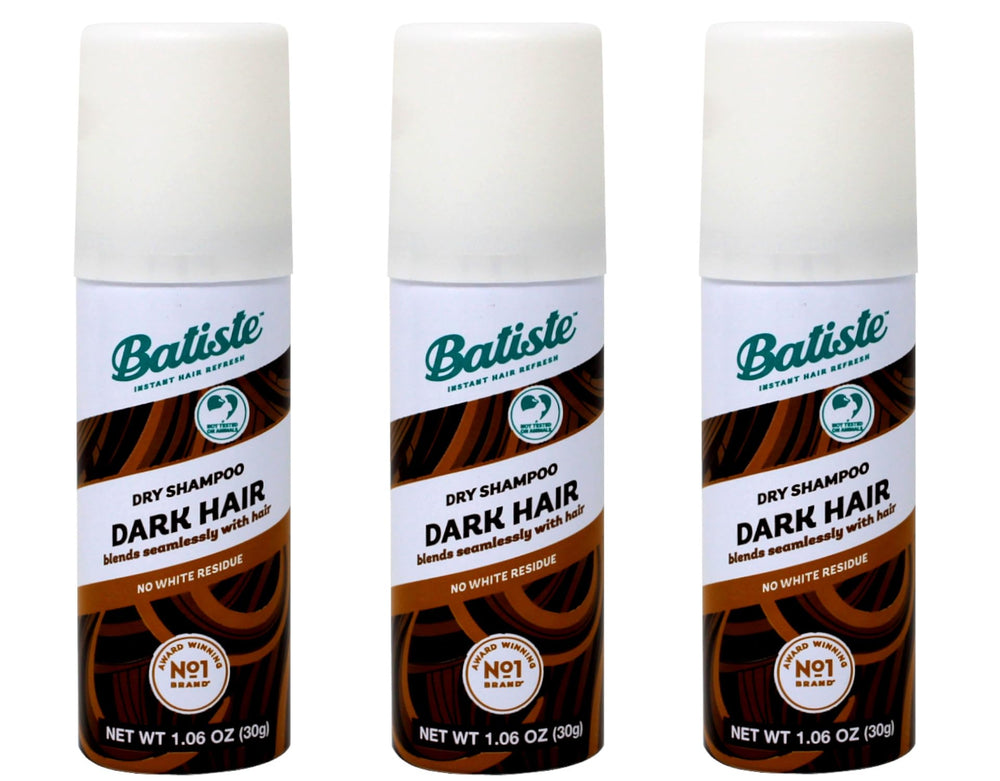 Batiste Dark Dry Shampoo mini pack bottle closeup shows quick root refresh.