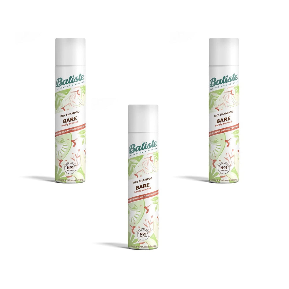 Batiste Dry Shampoo Bare three-pack can for quick on-the-go refresh.