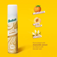 Batiste Dry Shampoo Blonde color tint blends with blonde hair to prevent white residue