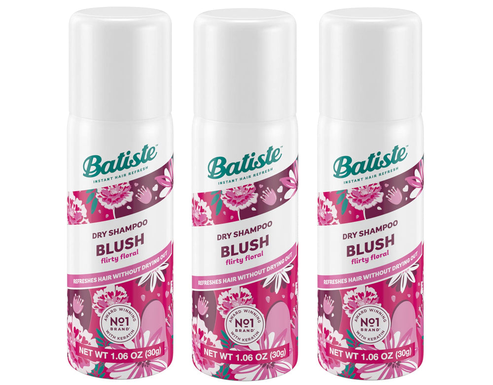 Batiste Floral & Fruity Blush dry shampoo bottle—refreshes roots with a light scent.