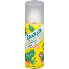 Batiste Tropical dry shampoo bottle back view highlighting travel-friendly packaging.