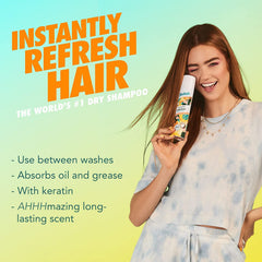 Batiste Tropical Dry Shampoo spray nozzle highlighting oil absorption for between-wash refresh.