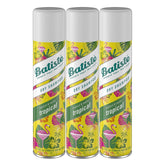 Batiste Tropical Dry Shampoo bottle refreshes hair by absorbing oil between washes.