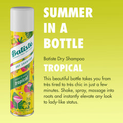 Batiste Tropical Dry Shampoo packaging shows compact, travel-friendly 3-pack.
