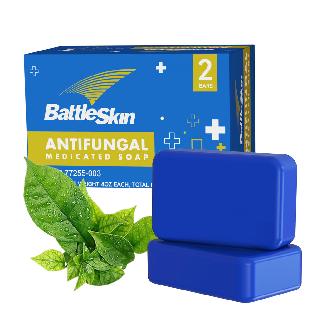 Battleskin antifungal soap bar tea-tree-oil closeup highlights natural ingredients for daily cleansing.