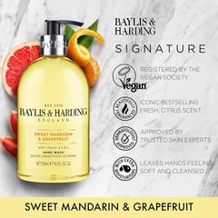 Baylis & Harding pump closeup shows easy-dispense design for daily hand care