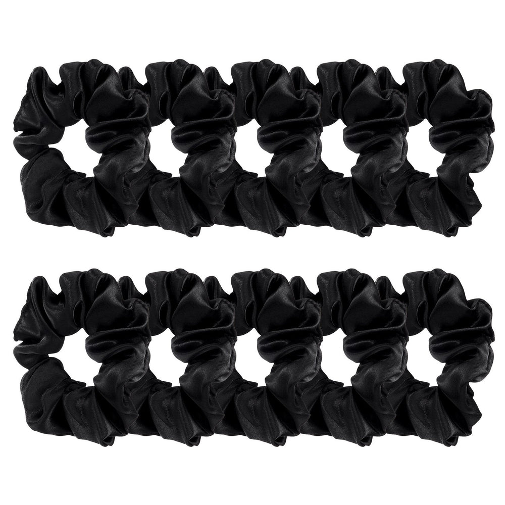 BBTO satin scrunchies black pack closeup highlighting glossy satin and gentle grip for everyday use