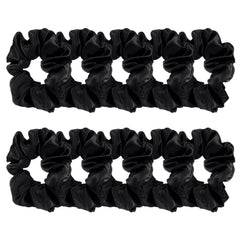 BBTO satin scrunchies black pack closeup highlighting glossy satin and gentle grip for everyday use