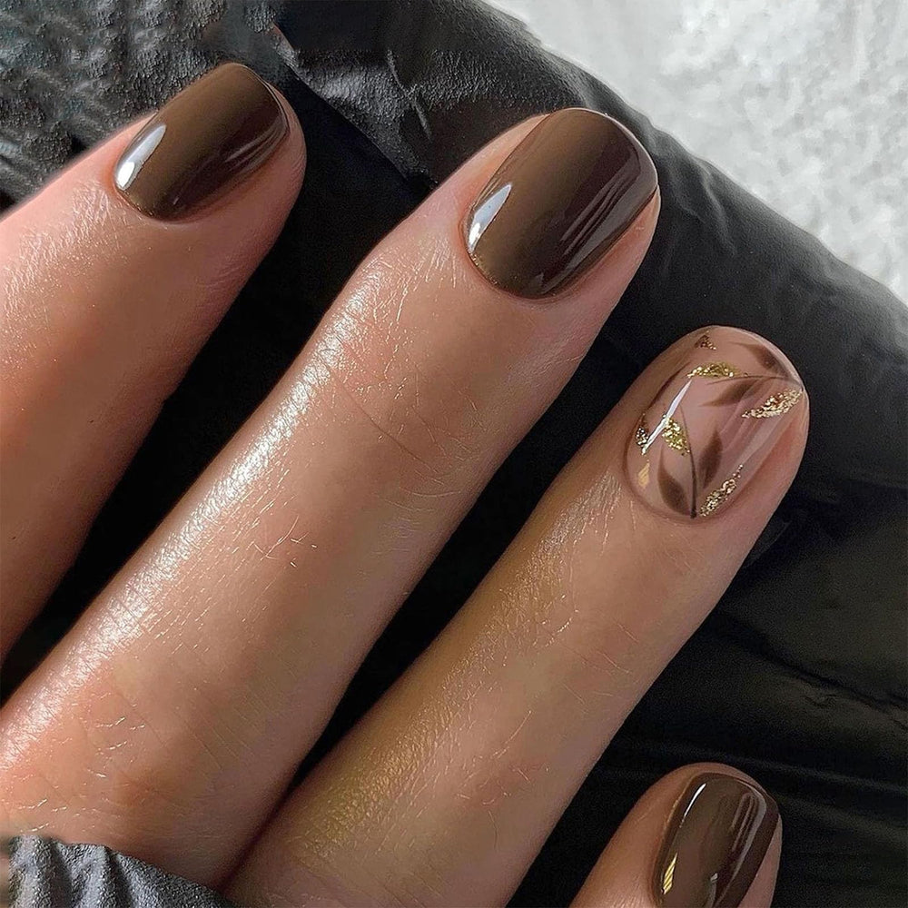 BDKAIWU leaf-designs brown full-cover nails showcase natural elegance for daily wear.